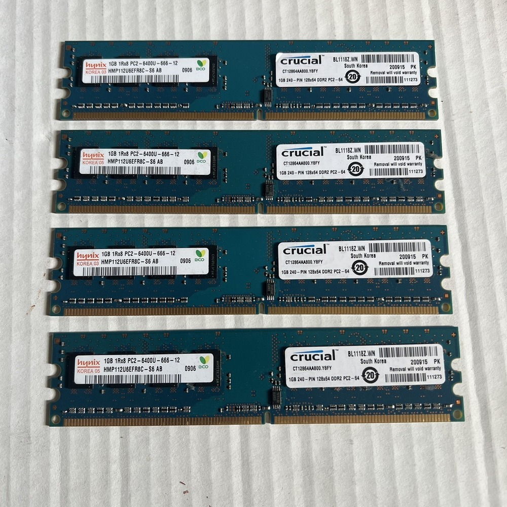 Hynix Crucial 4GB Lot (4x1GB) DDR2 800MHz PC2-6400U Desktop RAM DIMM Memory